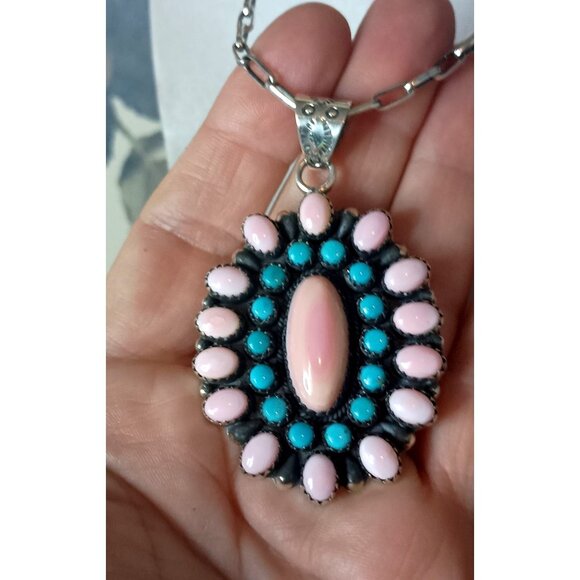 Huge 2.5" Long Handmade Sterling Silver Pink Conch Snake Eye Turquoise Cluster M - Picture 3 of 8